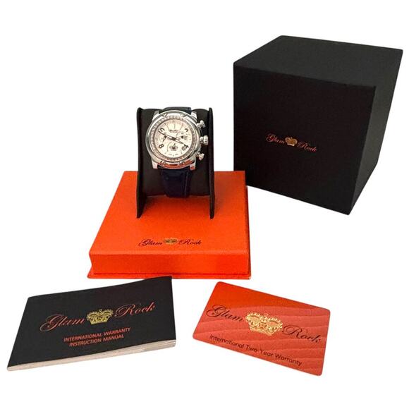 Glam Rock Midsize Miami Diamond Watch 11102D Stainless Steel Navy Patent Strap - Picture 8 of 8